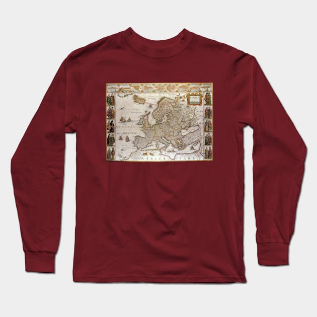 Antique Map of Europe by Willem Jansz Blaeu, c1617 Long Sleeve T-Shirt by MasterpieceCafe